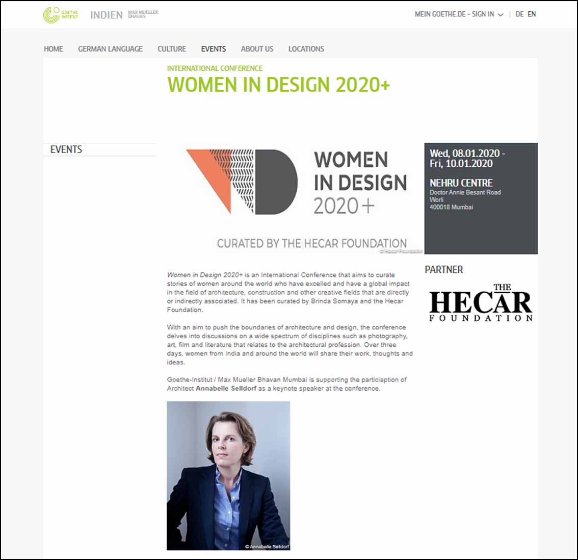 International Conference Women in Design 2020+, Goethe Institut max Mueller Bhavan | Indien -January 2020